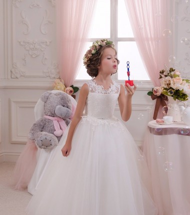 Avorio Abito da ballo Alto Collo Tulle Pizzo Lunga Abiti da ragazza di fiori Fabbrica