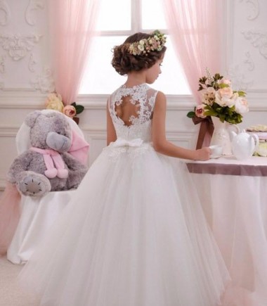 Avorio Abito da ballo Alto Collo Tulle Pizzo Lunga Abiti da ragazza di fiori Fabbrica