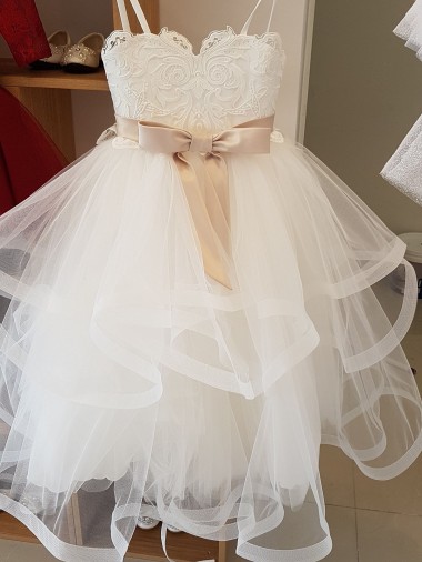 Avorio Abito da ballo Alto Collo Tulle Pizzo Lunga Abiti da ragazza di fiori Fabbrica