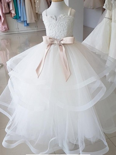 Avorio Abito da ballo Alto Collo Tulle Pizzo Lunga Abiti da ragazza di fiori Fabbrica