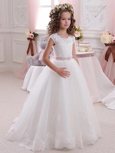 Avorio Abito da ballo Alto Collo Tulle Pizzo Lunga Abiti da ragazza di fiori Fabbrica