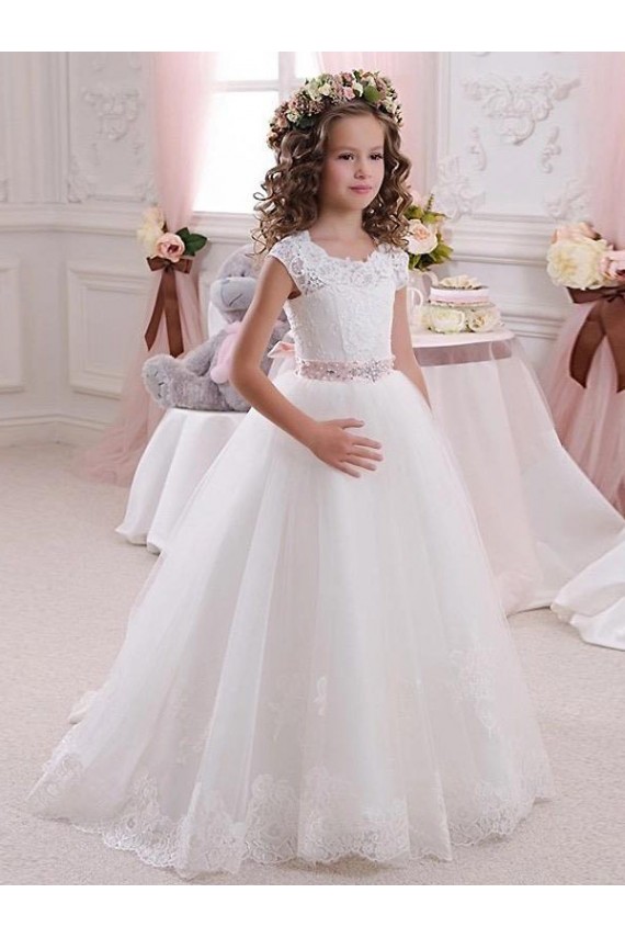 Avorio Abito da ballo Alto Collo Tulle Pizzo Lunga Abiti da ragazza di fiori Fabbrica