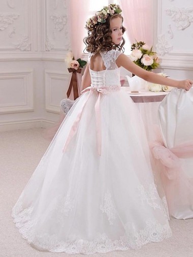 Avorio Abito da ballo Alto Collo Tulle Pizzo Lunga Abiti da ragazza di fiori Fabbrica