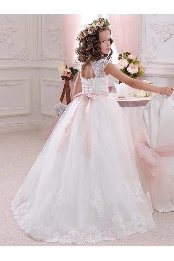 Avorio Abito da ballo Alto Collo Tulle Pizzo Lunga Abiti da ragazza di fiori Fabbrica