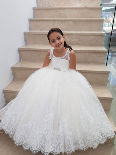Avorio Abito da ballo Alto Collo Tulle Pizzo Lunga Abiti da ragazza di fiori Fabbrica