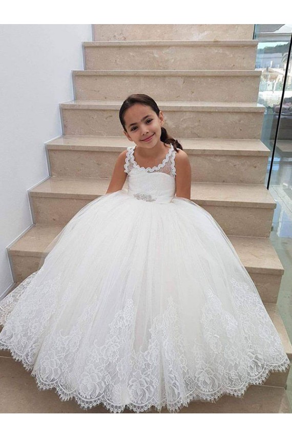 Avorio Abito da ballo Alto Collo Tulle Pizzo Lunga Abiti da ragazza di fiori Fabbrica