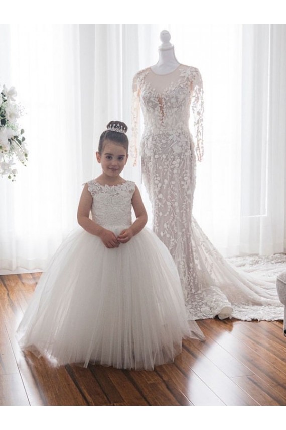 Avorio Abito da ballo Barca Tulle Pizzo Lunga Abiti da ragazza di fiori Fabbrica