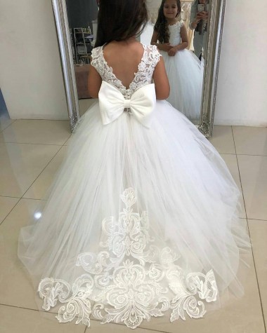 Avorio Abito da ballo Barca Tulle Pizzo Lunga Abiti da ragazza di fiori Fabbrica