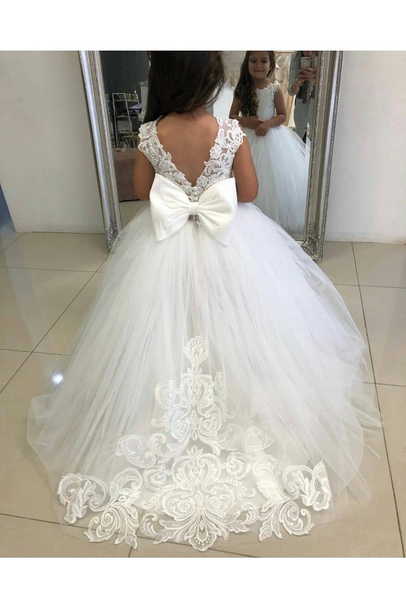 Avorio Abito da ballo Barca Tulle Pizzo Lunga Abiti da ragazza di fiori Fabbrica