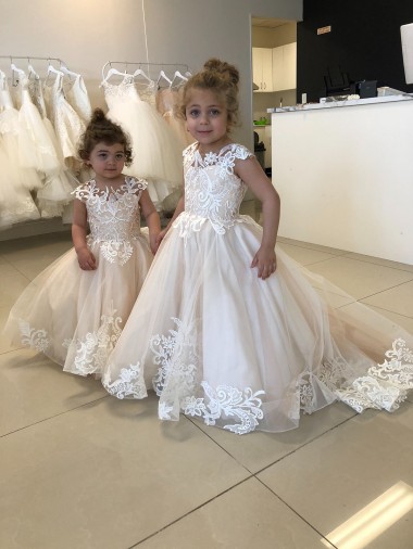 Avorio Abito da ballo Barca Tulle Pizzo Lunga Abiti da ragazza di fiori Fabbrica