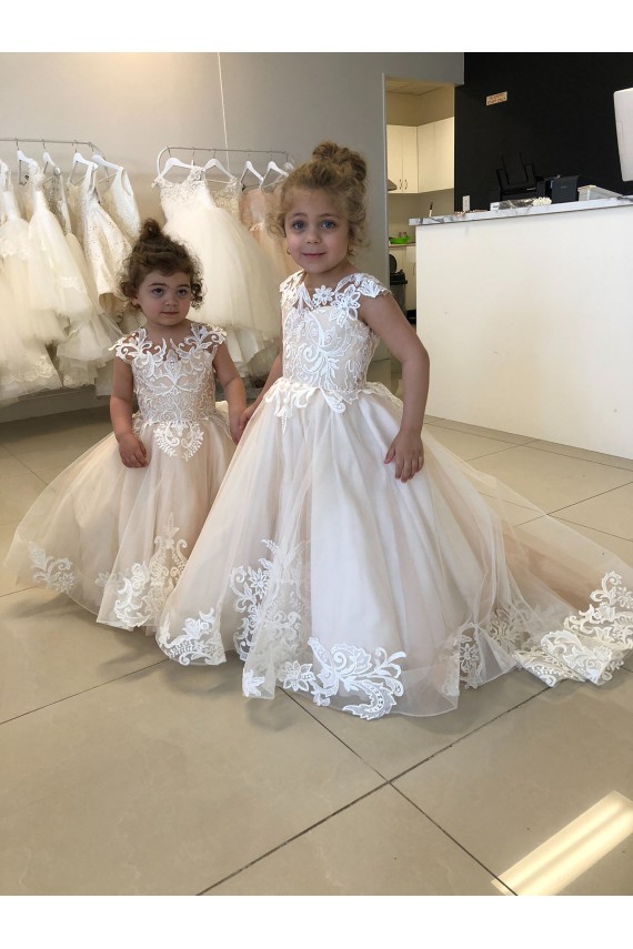 Avorio Abito da ballo Barca Tulle Pizzo Lunga Abiti da ragazza di fiori Fabbrica