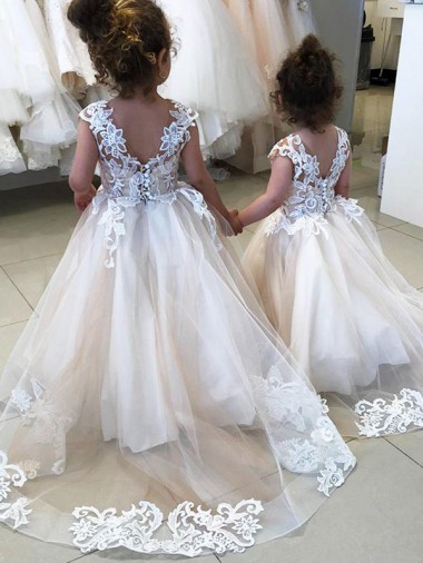 Avorio Abito da ballo Barca Tulle Pizzo Lunga Abiti da ragazza di fiori Fabbrica