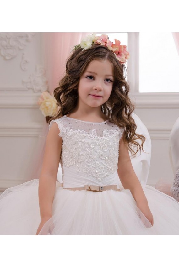 Avorio Abito da ballo Barca Tulle Pizzo Lunga Abiti da ragazza di fiori Fabbrica