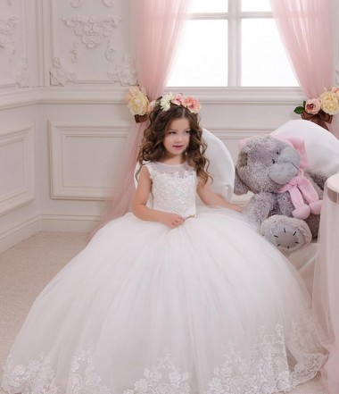 Avorio Abito da ballo Barca Tulle Pizzo Lunga Abiti da ragazza di fiori Fabbrica