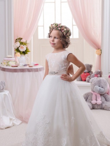 Avorio Abito da ballo Barca Tulle Pizzo Lunga Abiti da ragazza di fiori Fabbrica