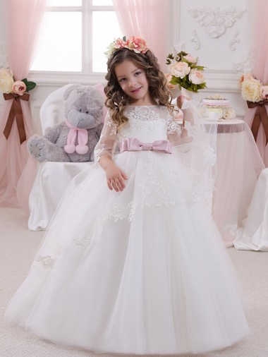 Avorio Abito da ballo Barca Tulle Pizzo Lunga Abiti da ragazza di fiori Fabbrica