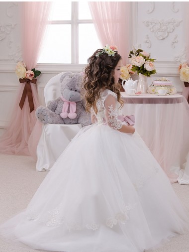 Avorio Abito da ballo Barca Tulle Pizzo Lunga Abiti da ragazza di fiori Fabbrica