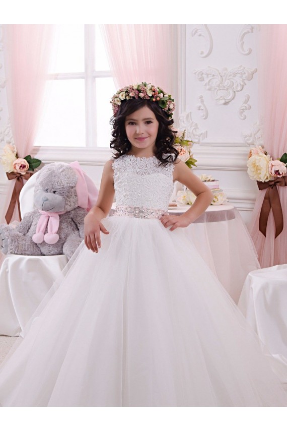 Avorio Abito da ballo Barca Tulle Pizzo Lunga Abiti da ragazza di fiori Fabbrica