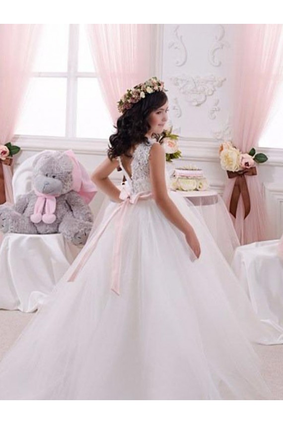 Avorio Abito da ballo Barca Tulle Pizzo Lunga Abiti da ragazza di fiori Fabbrica
