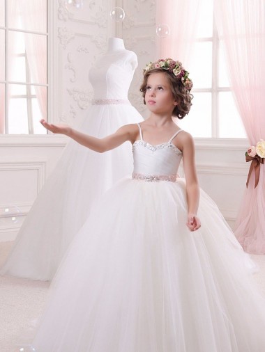 Avorio Abito da ballo Innamorato Tulle Lunga Abiti da ragazza di fiori Fabbrica