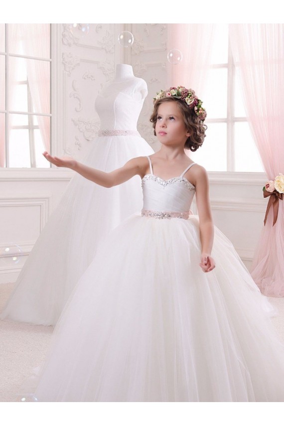 Avorio Abito da ballo Innamorato Tulle Lunga Abiti da ragazza di fiori Fabbrica