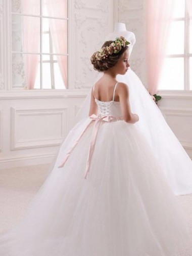 Avorio Abito da ballo Innamorato Tulle Lunga Abiti da ragazza di fiori Fabbrica