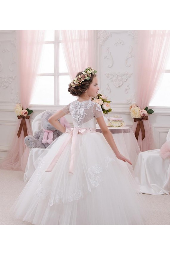 Avorio Abito da ballo Innamorato Tulle Pizzo Lunga Abiti da ragazza di fiori Fabbrica