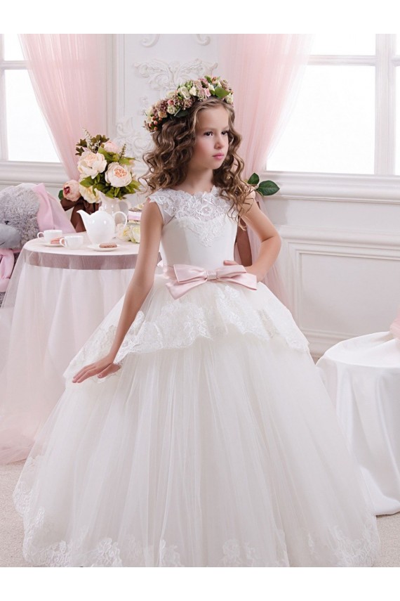 Avorio Abito da ballo Innamorato Tulle Pizzo Lunga Abiti da ragazza di fiori Fabbrica