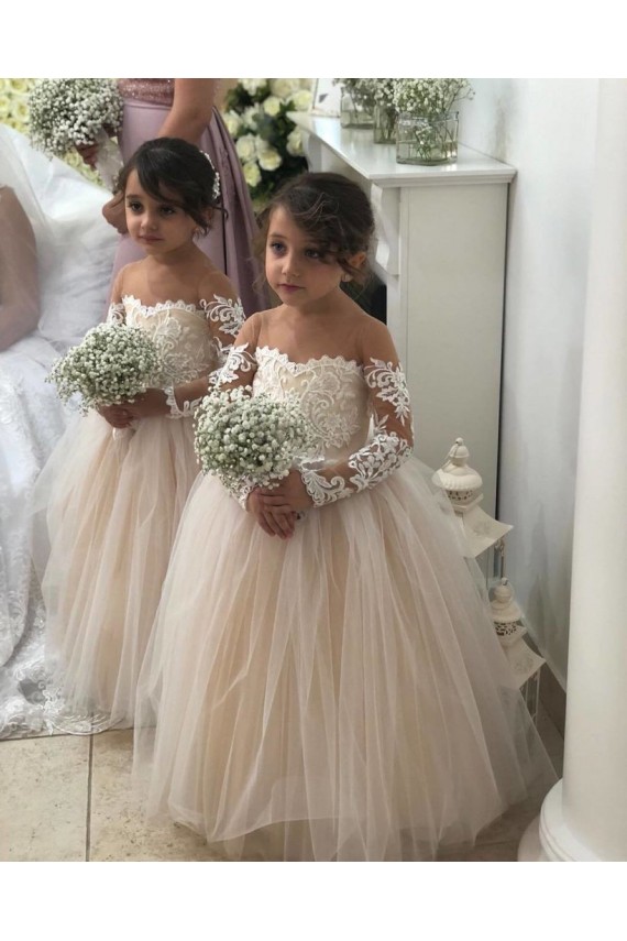 Avorio Abito da ballo Innamorato Tulle Pizzo Lunga Abiti da ragazza di fiori Fabbrica