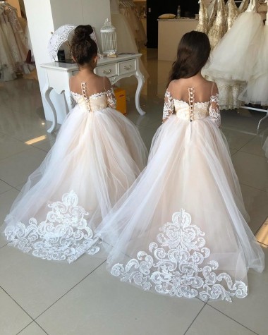 Avorio Abito da ballo Innamorato Tulle Pizzo Lunga Abiti da ragazza di fiori Fabbrica