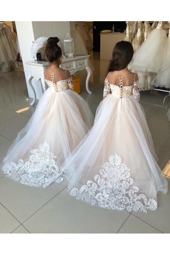 Avorio Abito da ballo Innamorato Tulle Pizzo Lunga Abiti da ragazza di fiori Fabbrica