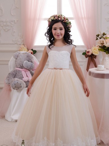 Avorio & Champagne Abito da ballo Innamorato Tulle Pizzo Lunga Abiti da ragazza di fiori Fabbrica