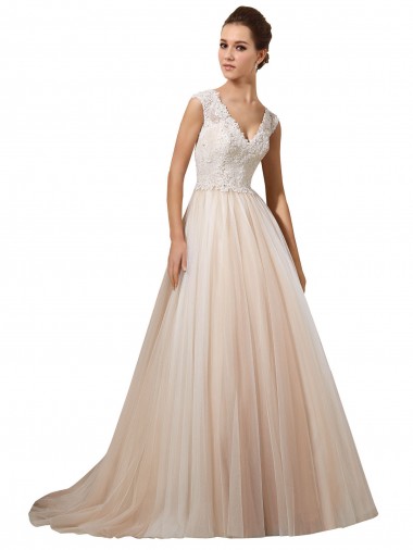 Avorio & Champagne Linea A Scollatura a V Tulle Pizzo Abiti da sposa Fabbrica