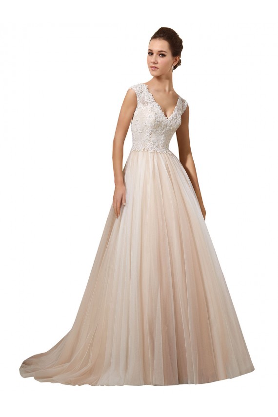 Avorio & Champagne Linea A Scollatura a V Tulle Pizzo Abiti da sposa Fabbrica