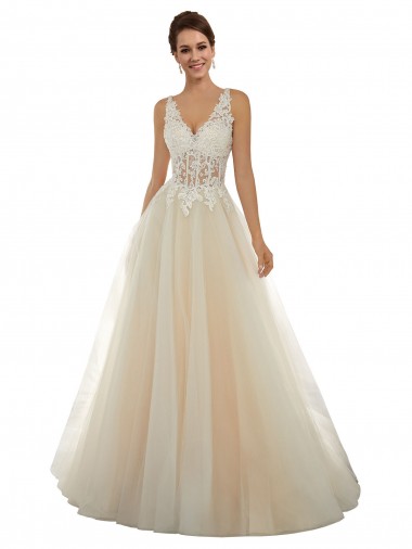 Avorio & Champagne Linea A Scollatura a V Tulle Pizzo Classico Abiti da sposa Fabbrica