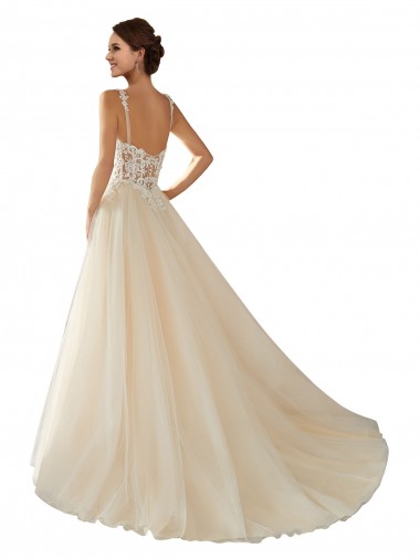 Avorio & Champagne Linea A Scollatura a V Tulle Pizzo Classico Abiti da sposa Fabbrica