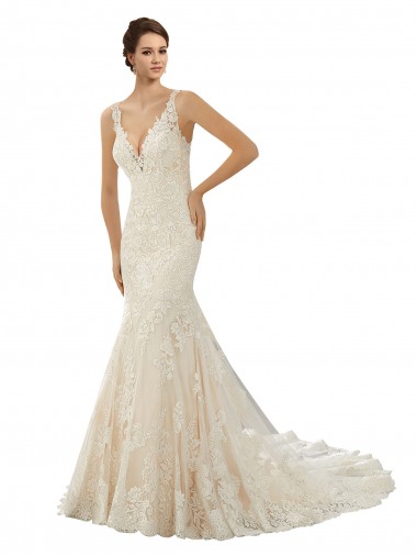 Avorio & Champagne Stile sirena Scollatura a V Pizzo Abiti da sposa Fabbrica