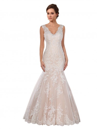 Avorio & Champagne Stile sirena Scollatura a V Pizzo Classico Abiti da sposa Fabbrica