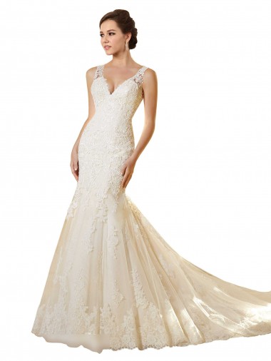 Avorio & Champagne Stile sirena Scollatura a V Tulle Pizzo Abiti da sposa Fabbrica