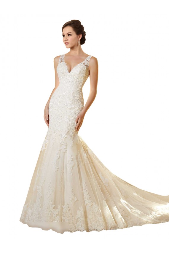 Avorio & Champagne Stile sirena Scollatura a V Tulle Pizzo Abiti da sposa Fabbrica