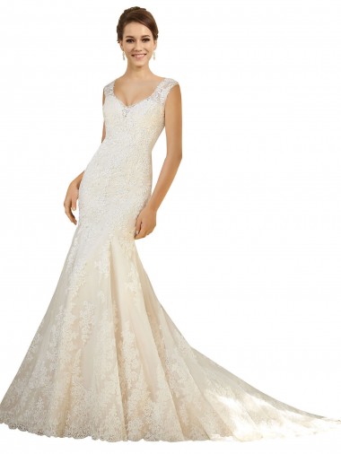 Avorio & Champagne Stile sirena Scollatura a V Tulle Pizzo Abiti da sposa Fabbrica