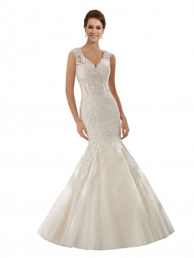 Avorio & Champagne Stile sirena Scollatura a V Tulle Pizzo Abiti da sposa Fabbrica
