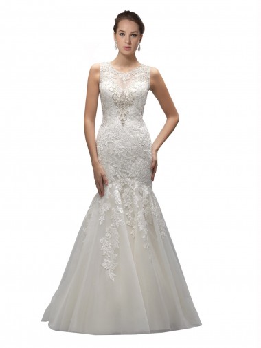 Avorio Stile sirena Illusione Sweep treno Tulle Pizzo Abiti da sposa Fabbrica