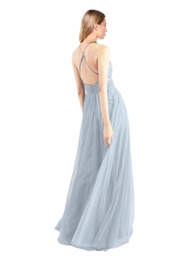 Azzurro cielo Linea A Capestro Tulle Lunga Abiti da damigella donore Fabbrica