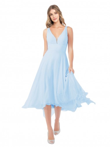 Azzurro cielo Linea A Scollatura a V Midi Chiffona Corto Abiti da damigella donore / Abiti da cocktail Fabbrica