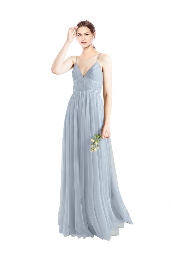 Azzurro cielo Linea A Sottili Scollatura a V Tulle Lunga Abiti da damigella donore Fabbrica