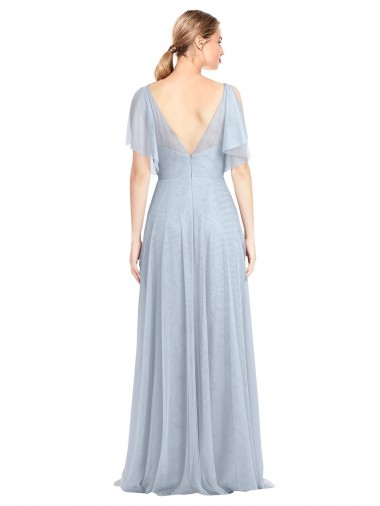 Azzurro cielo Linea A Sottili Scollatura a V Tulle Lunga Abiti da damigella donore Fabbrica