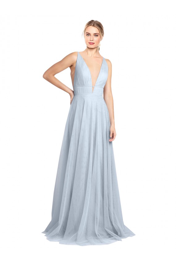 Azzurro cielo Linea A Sottili Scollatura a V Tulle Lunga Abiti da damigella donore Fabbrica