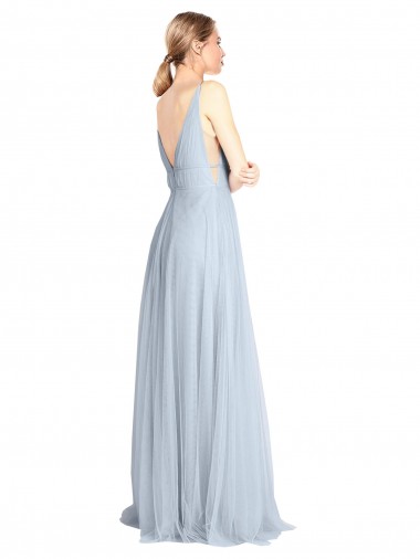 Azzurro cielo Linea A Sottili Scollatura a V Tulle Lunga Abiti da damigella donore Fabbrica