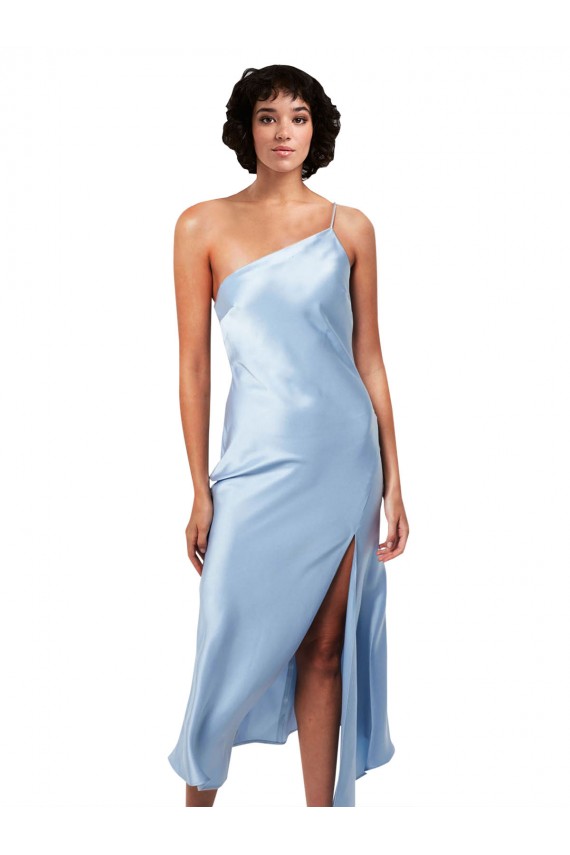 Azzurro cielo Linea A Una spalla Midi Raso Setoso Corto Abiti da damigella donore / Abiti da sera / Abiti da cocktail Fabbrica